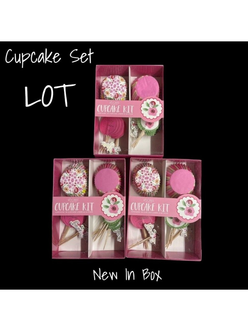 Cupcake Kit Roobee by Mara-Mi Cupcake Liners 72 Pink Green Flowers New in Box